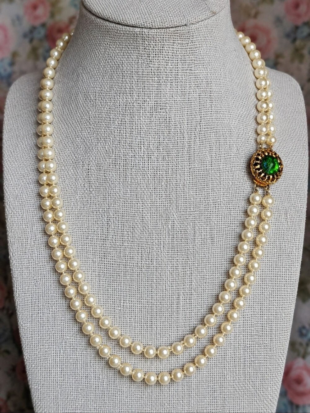Majorca Spain Dual Strand Pearl Necklace Watermelon Rainbow Rivoli Golden Clasp